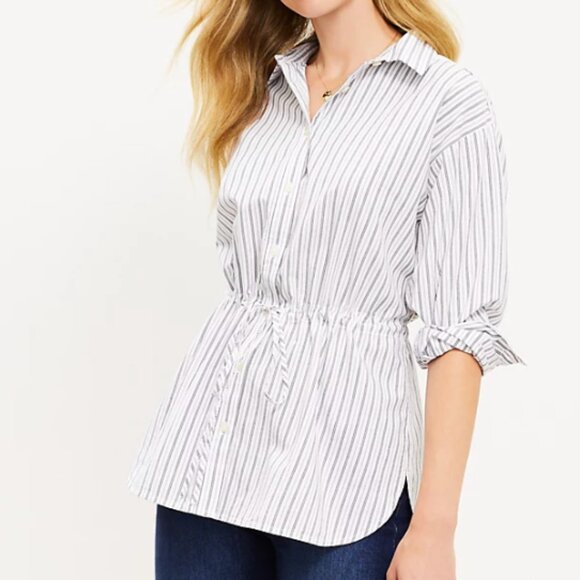 LOFT Striped Drawstring Tunic Shirt Top Small White Gray Business Casual Stretch - Picture 1 of 12